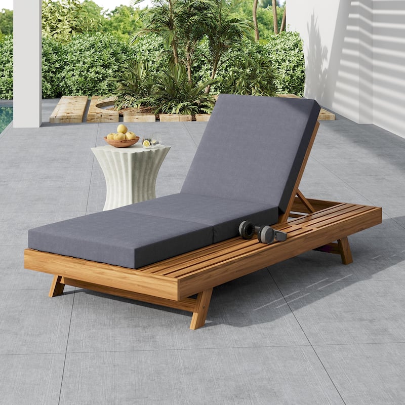 One-sided Open Storage Lounge Chairs Outdoor Patio Acacia Wood Chaise Lounge with Adjustable Backrest & Water-repellent Cushions - Triple Fold Dark Grey Cushions - 1pc
