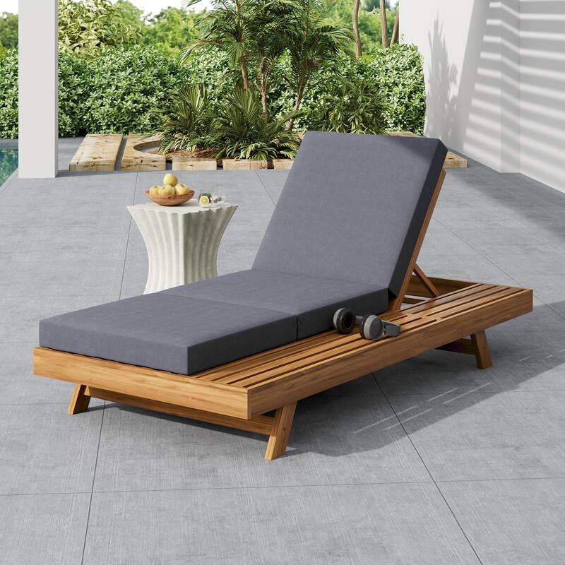 Roomfitters Outdoor Acacia Wood Chaise Lounge: Adjustable Sunbed with Built-in Side Table & Triple-Fold Dark Grey Cushion