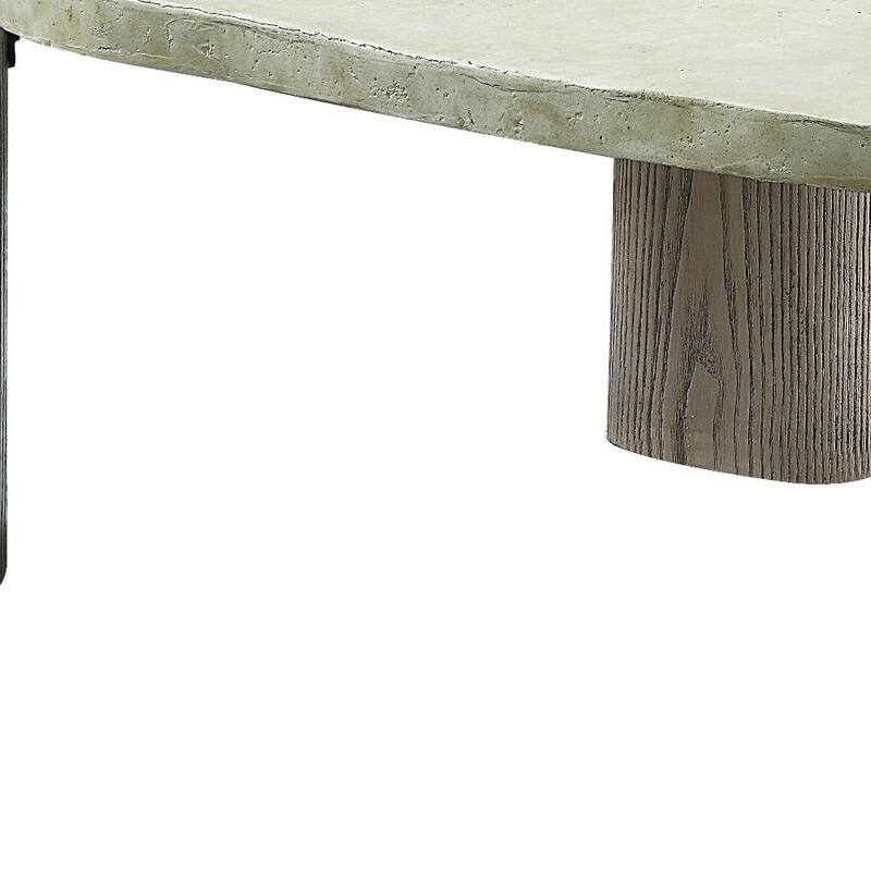 HomeRoots 47" Beige and Oak Distressed Cement Oval Coffee Table - 47.00 in. x 16.00 in. x 28.00 in.