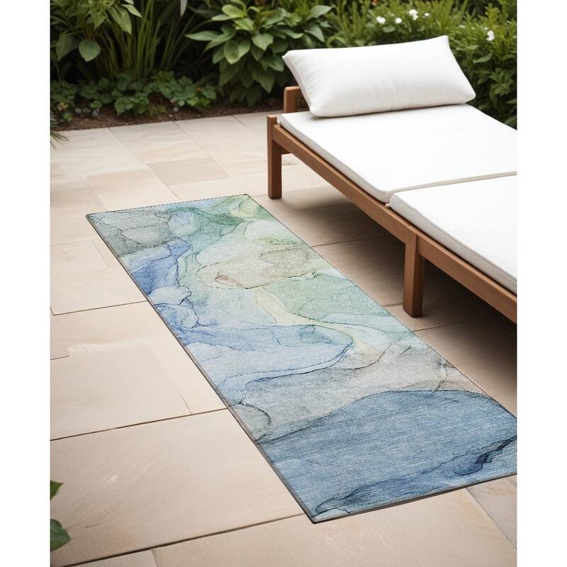 Dava Contemporary Abstract Weather Resistant Versatile Elegance Outdoor Rug - 8' Runner - Blue