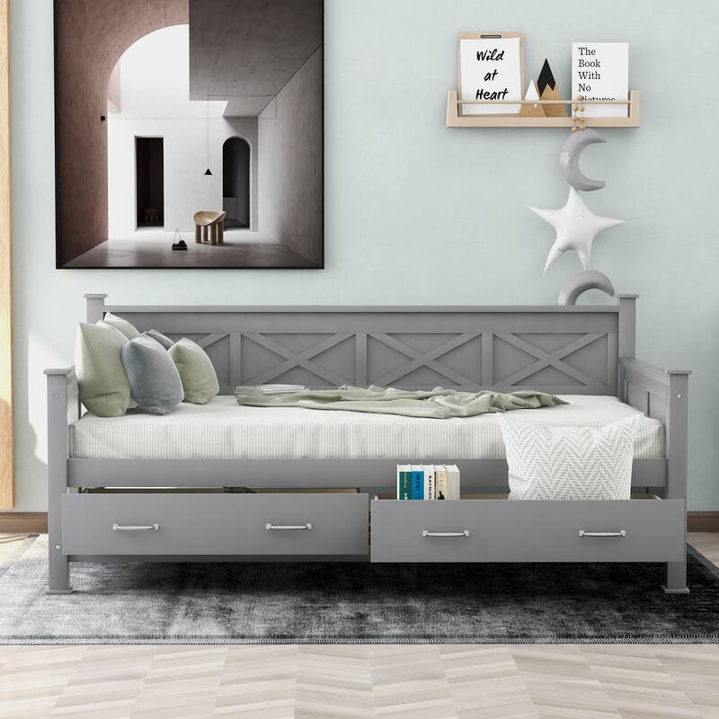Modern Twin Daybed with X-Frame & 2 Large Drawers, Rustic Style, Gray