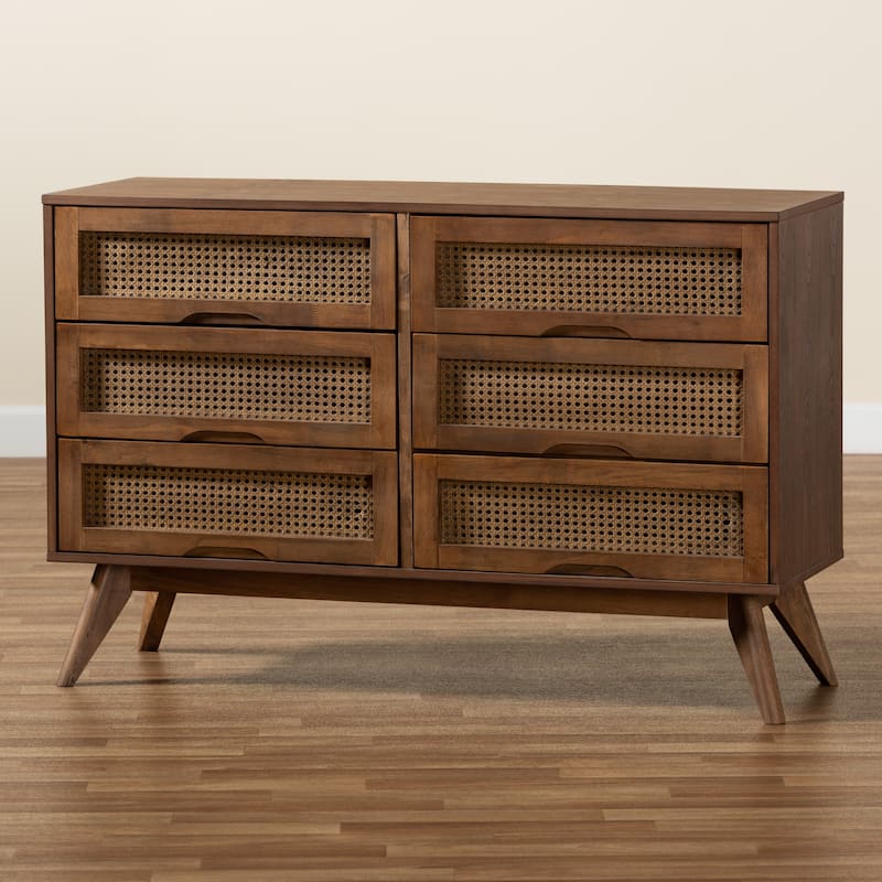 Barrett Mid-Century Modern 6-Drawer Wood Dresser in Walnut Brown Color