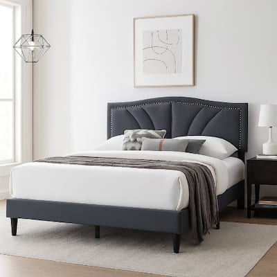 Reo Queen Size Bed, Charcoal Gray Burlap Upholstered Curved Headboard