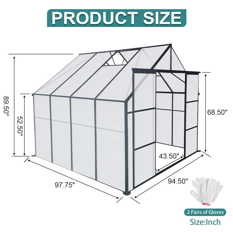 8x8 FT Double Door Polycarbonate Greenhouse Raised Base and Anchor Aluminum Heavy Duty Walk-in Greenhouses - 10 x 10