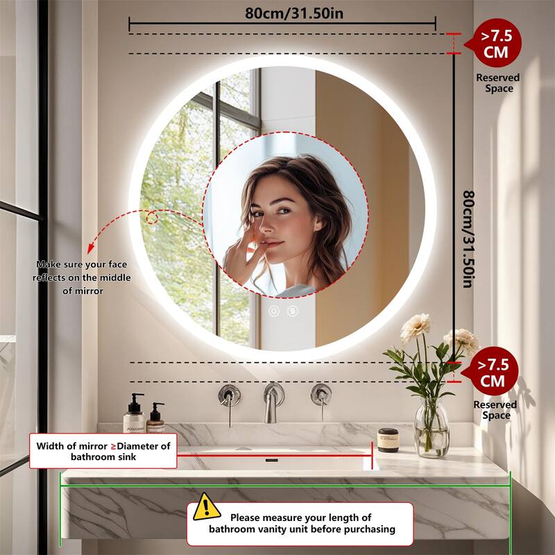 Backlit Round LED Lighted Bathroom Mirror Smart Touch Anti-Fog Wall Makeup Mirror with Aluminum Frame