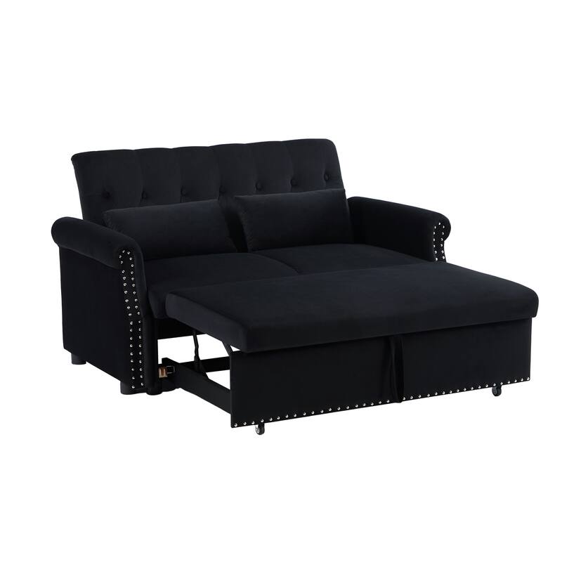 Velvet Convertible Loveseat Sleeper sofa with 2 Lumbar Pillows, Adjustable Pull-Out Bed and Removable Armrest - Black