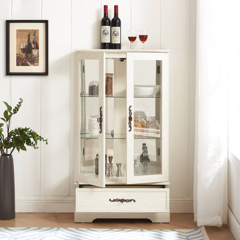 GDFStudio - Traditional Storage Lighted Curio Display Cabinet with Glass Doors and Drawer
