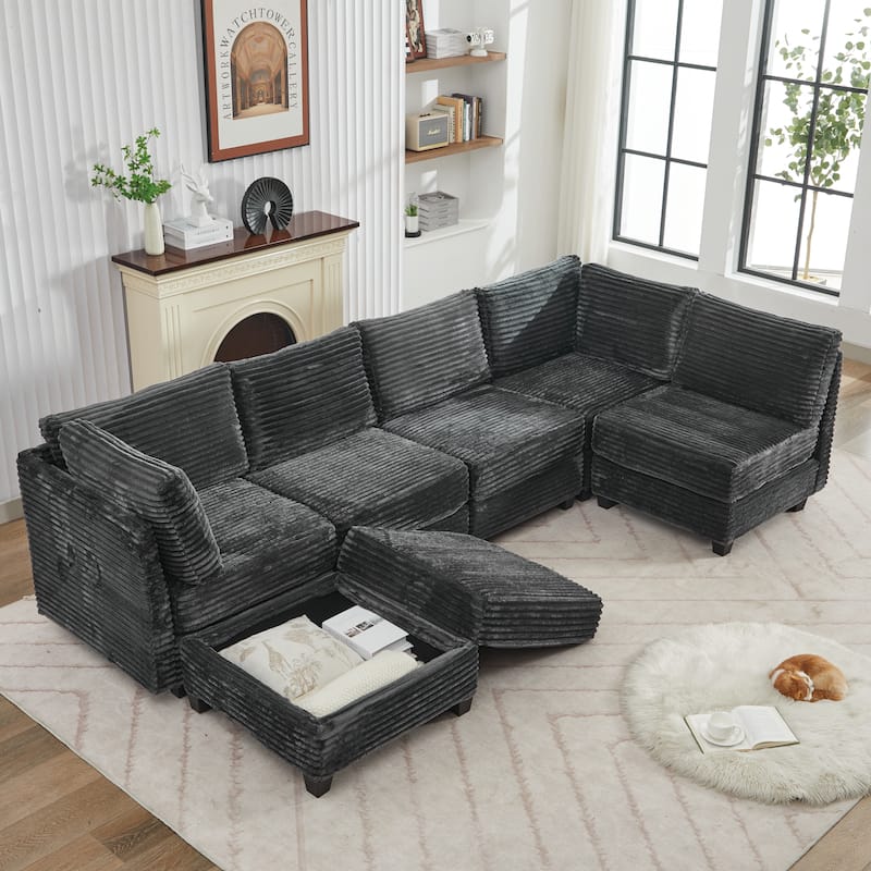 Corduroy Sectional Couch with Storage, U Shaped Sectional Sofa with Ottoman, Modular Sectional Couches 
