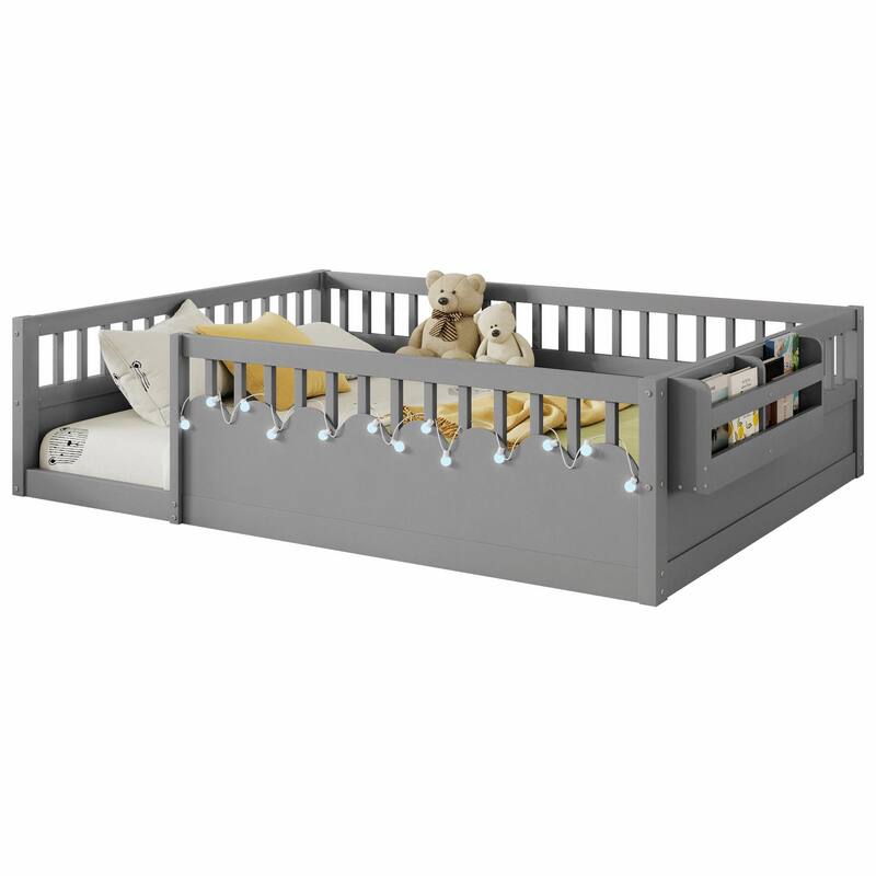 Floor Bed Frame with High Rails, Wooden Kids Floor Bed with Light and Storage Shelf