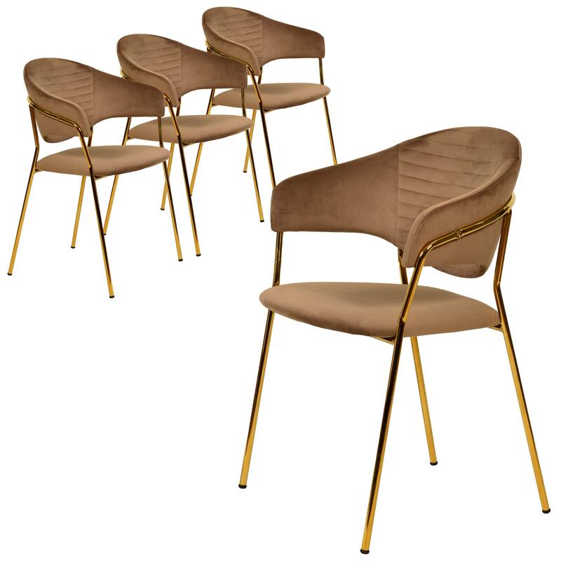 LeisureMod Set of 4 Bella Upholstered Leather/Velvet Accent Dining Chair in Gold Base for Home, Dining Room & Kitchen Furniture - Brown