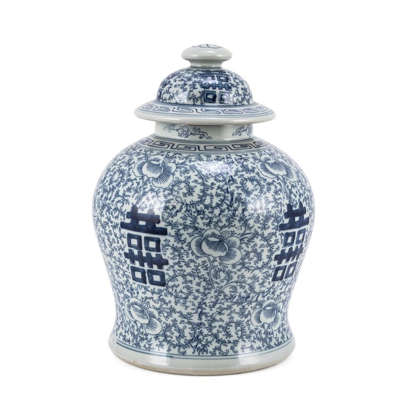 Blue and White Double Happiness Floral Temple Jar - Small
