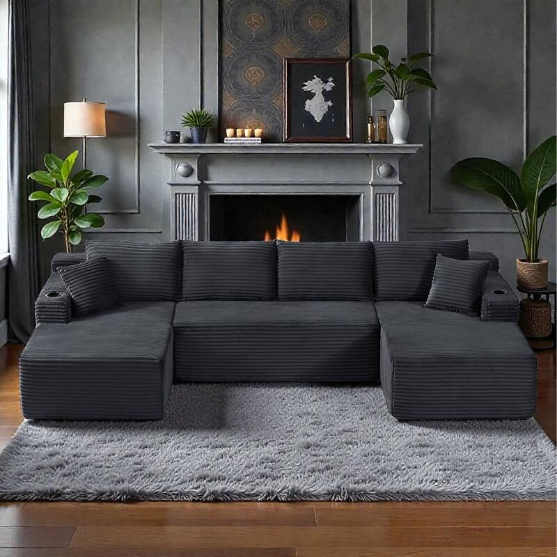 Compressible U-Shaped Modular Sectional Sofa, Corduroy Cloud Couch, 6-Seat Minimalist Living Room Sofa - Dark Grey