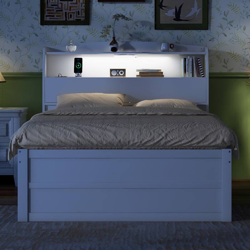 Wood Captain Bed Platform Bed with Trundle and 3 Drawers, Single Bed Frame with Storage Headboard and Integrated LED Light
