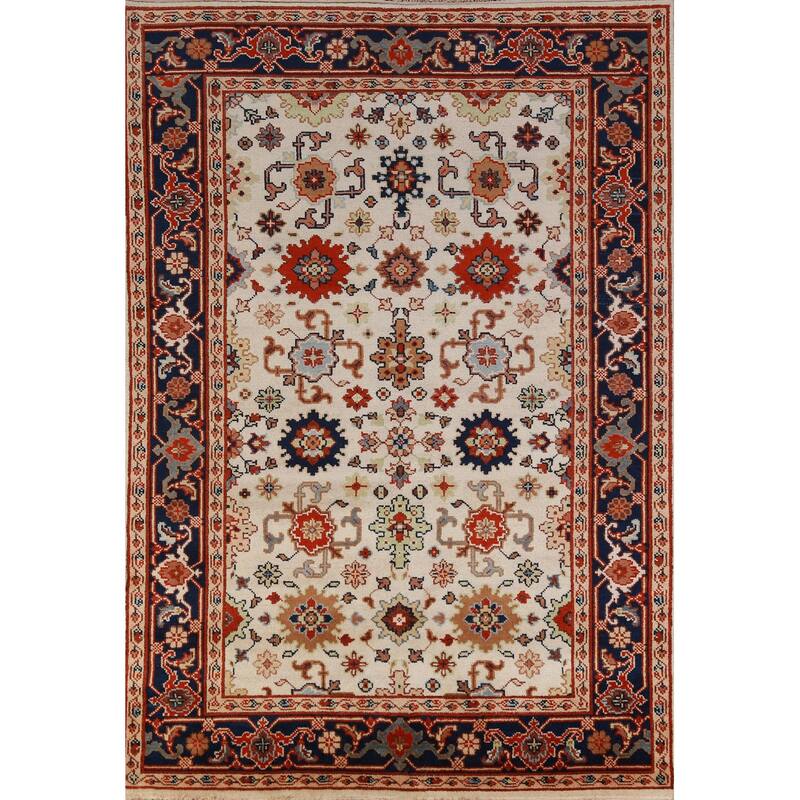 Hand Knotted Oriental 100% Wool Carpet Traditional Geometric Beige & Ivories Heriz (serapi) Area Rug - 9' 1'' X 6' 0''