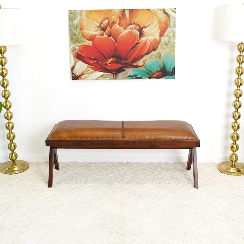 GDFStudio - Chad Modern Mid-Century 47.5" Genuine Leather Bench with Solid Wood Frame - 16.1"W