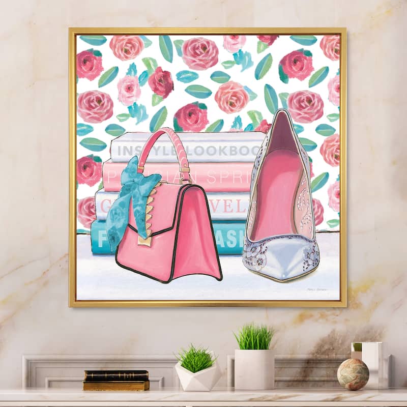 Designart "Pink Fashion high heels I" Posh & Luxe Framed Canvas - 30 in. wide x 30 in. high - Gold
