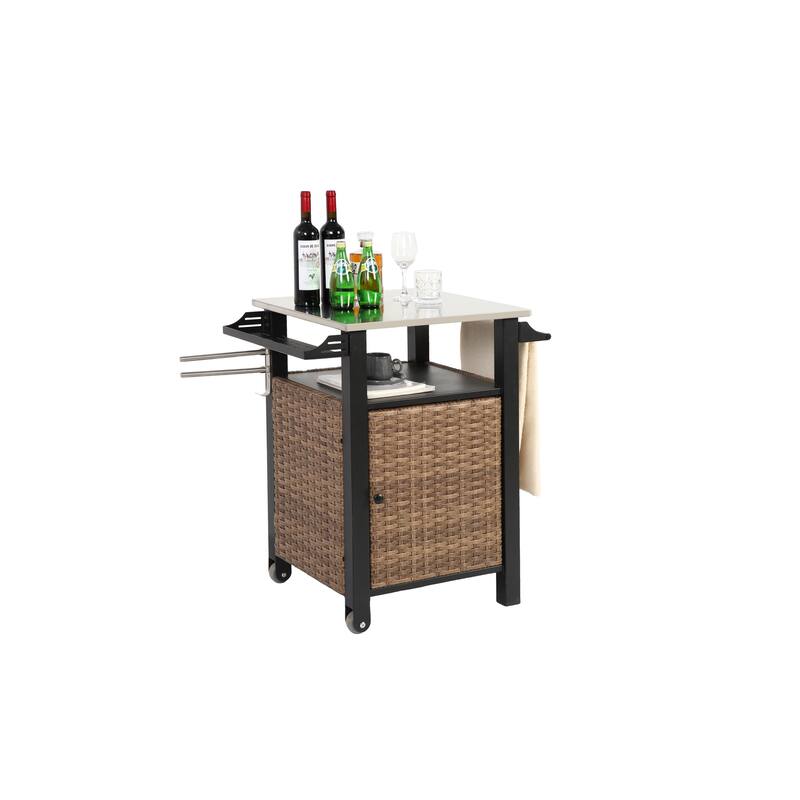 Single door bar cart, Kitchen Wicker Island Rolling Cart & Storage Cabinet, Wheels and Stainless Steel Extended Table Top