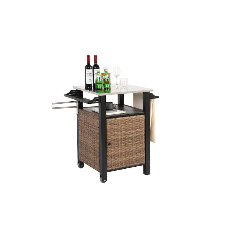 Single door bar cart,Outdoor Kitchen Wicker Island Rolling Cart & Storage Cabinet, Wheels and Stainless Steel Extended Table Top