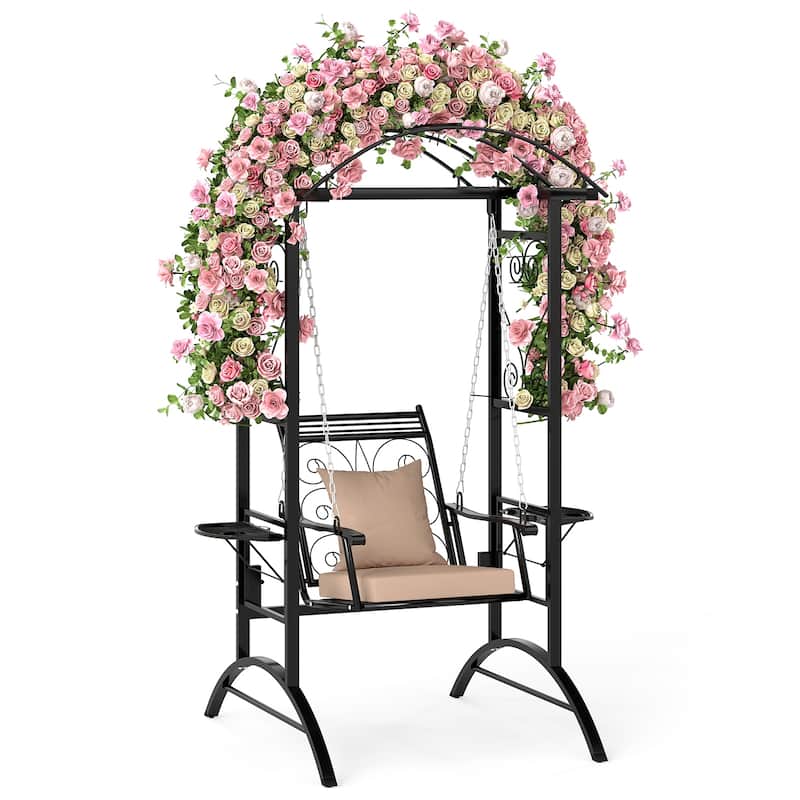 Gymax Outdoor Porch Swing w/Stand & 2 Trellises Removable Cushions for - Black