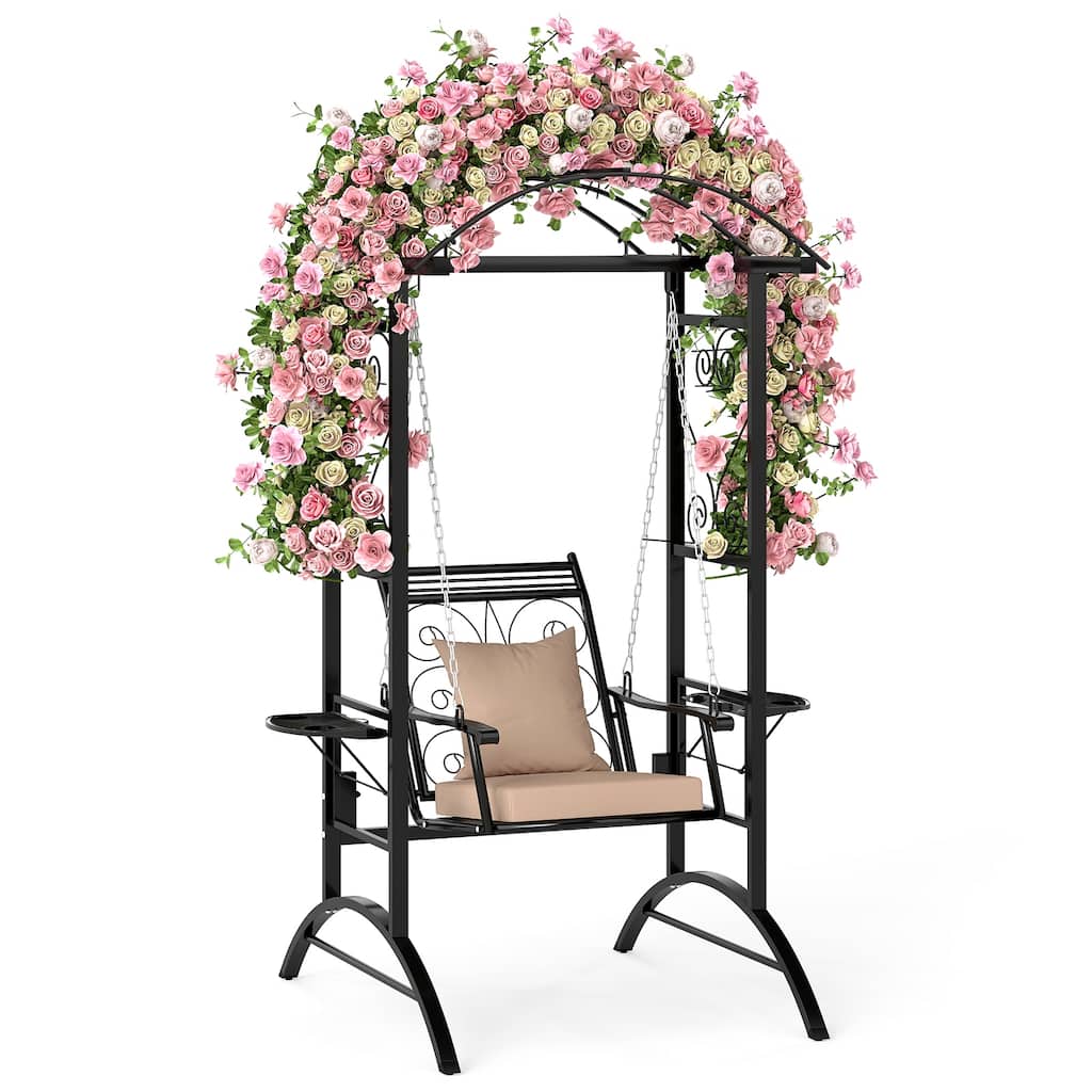 Gymax Outdoor Porch Swing w/Stand & 2 Trellises Removable Cushions for