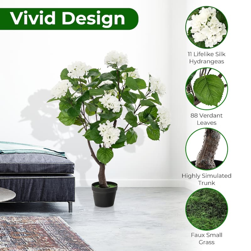 Gymax 2 Pack Artificial Hydrangea Tree Fake Floral Plant w/ 11 White