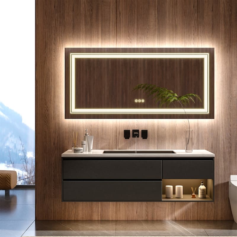 Rectangle Aluminum Frame Bathroom Mirror w/Led Backlit Light Anti-fog - 59.4x30.7 inch