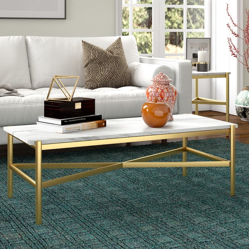 46 Inch Modern Faux Marble Coffee Table Rectangular Metal Base Accent for Living Room Decor - 46"L x 20"W x 16"H