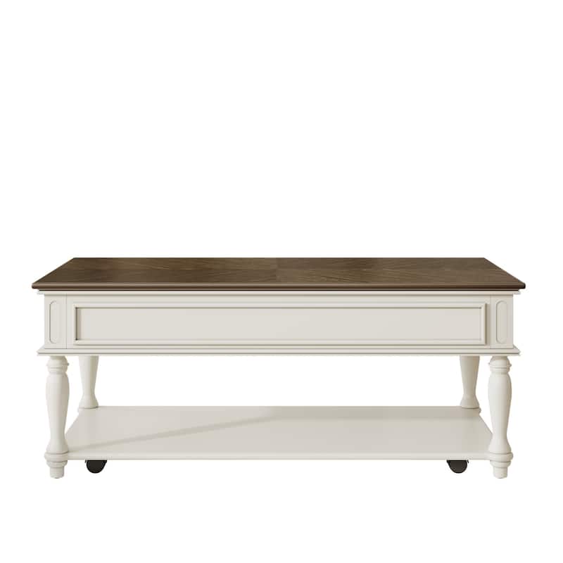 Farmhouse Coffee Table with One Drawer, Movable Rectangular Cocktail Table with Lockable Wheels, Solid Wood Legs