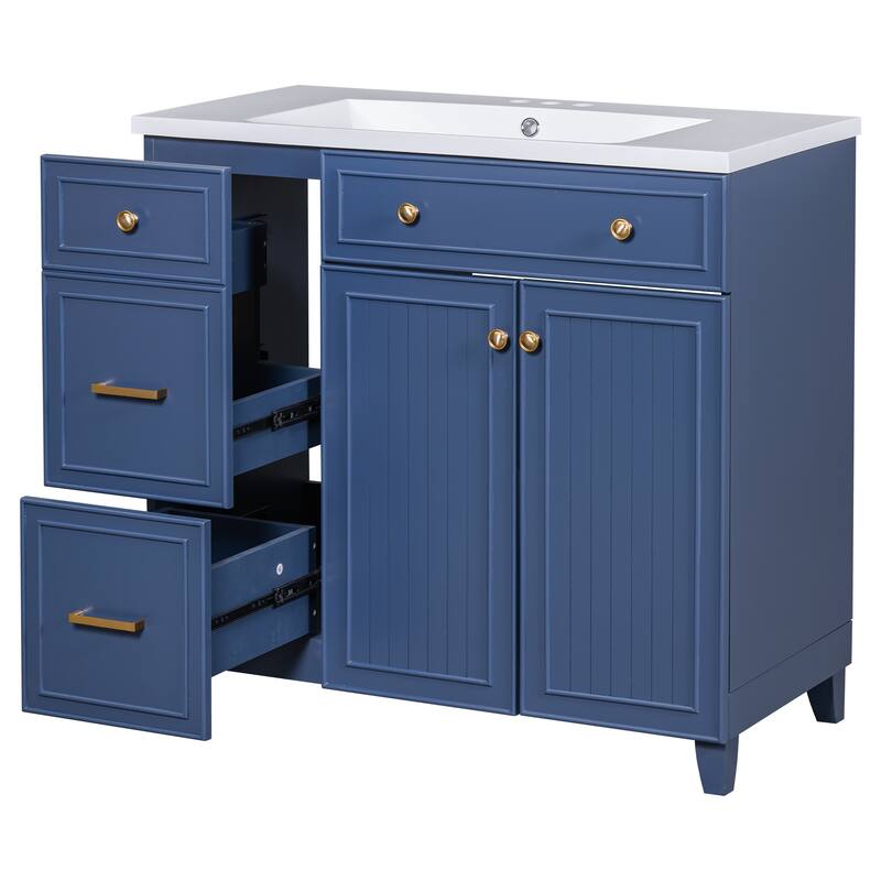 36" Bathroom Vanity Navy Blue Single Sink Bathroom Cabinet with Drawers - 36 Inch
