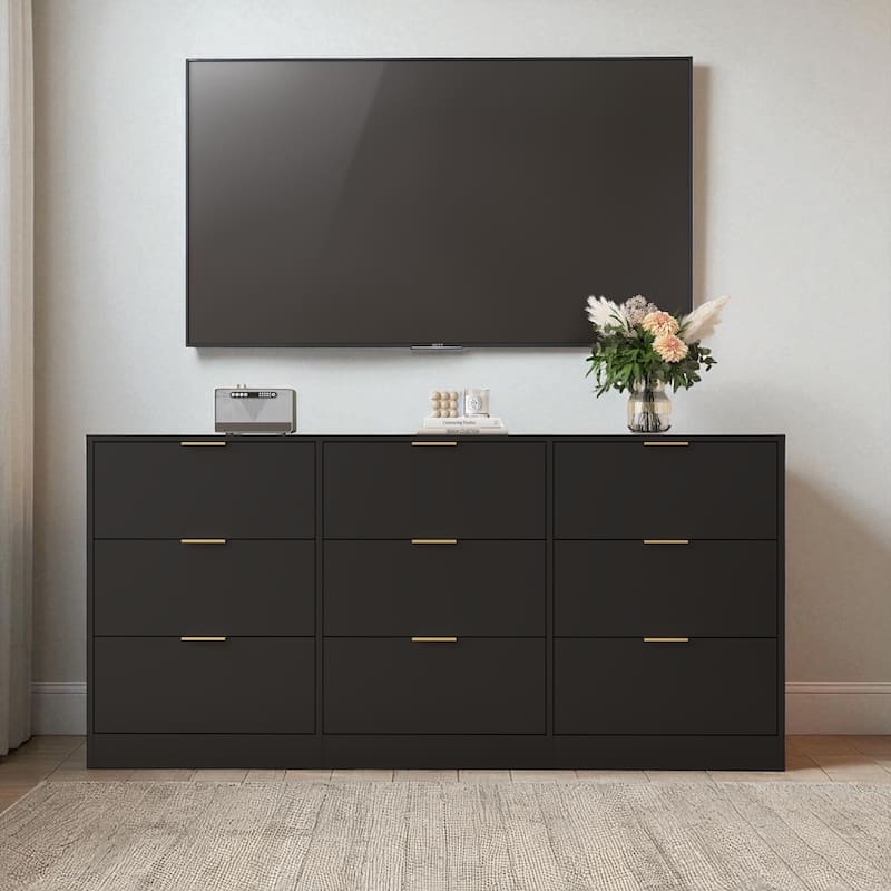 9 Drawer Dresser, 63" Wide Wooden Storage Cabinet with Golden Handles, Large Chest of Drawers for Bedroom and Hallway - Black