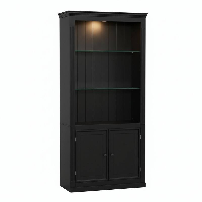 78.75" Farmhouse 4-Tier Display Bookcase with Dimmable LED Light, Glass Shelves & Storage Doors