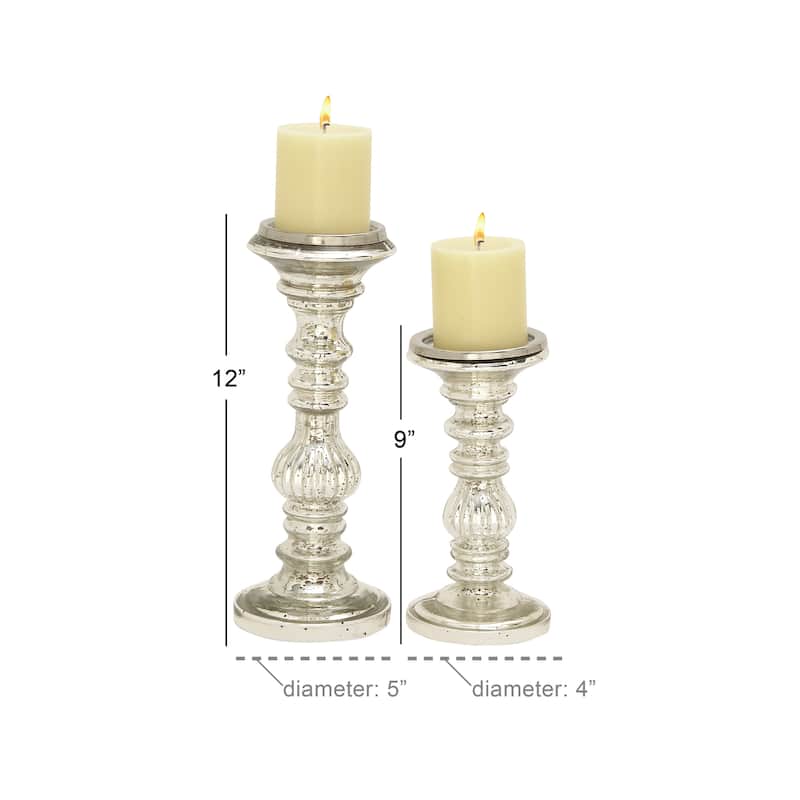 Metal Handmade Turned Style Pillar Candle Holder - Set of 2 Silver - Roche River Decor - 4"W x 4"L x 9"H