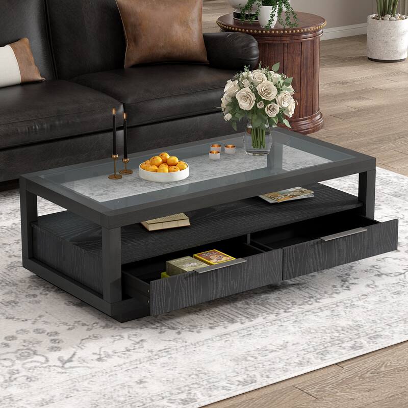 Coffee Table with 2 Drawers,Open Storage Shelf for Living Room