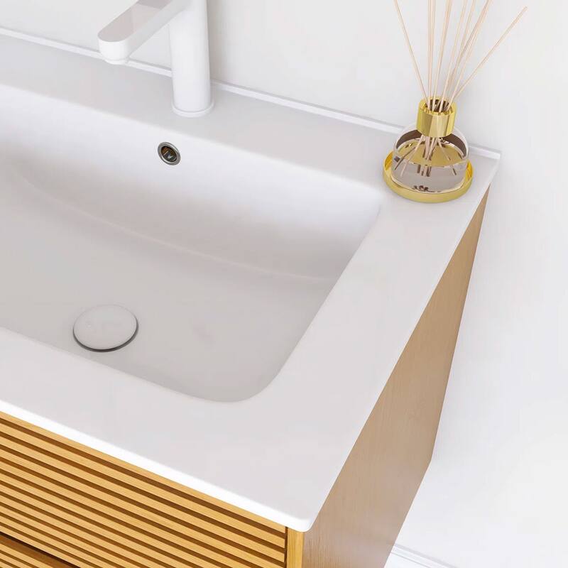 Wall-Mounted Bathroom Vanity with White Ceramic Sink