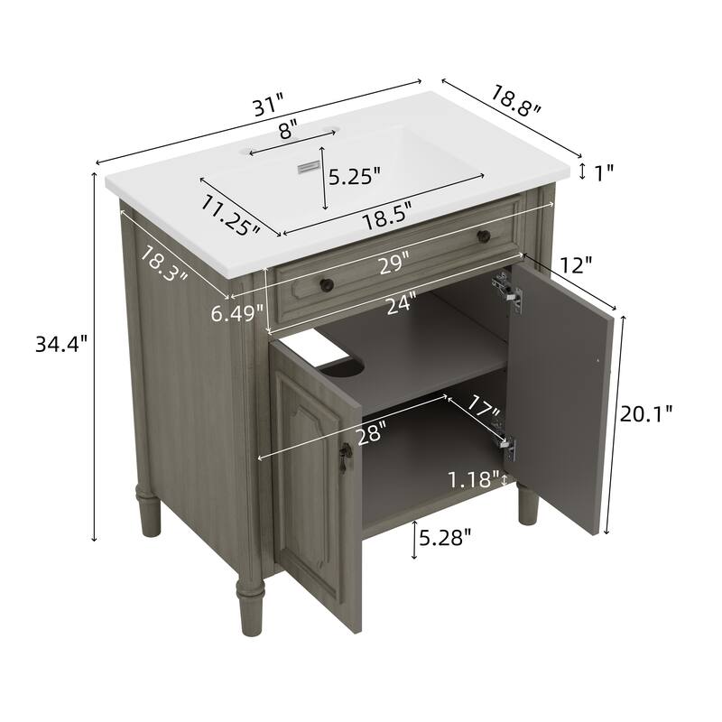 31" Bathroom Vanity with Sink, Rustic Bathroom Cabinet with Soft Close Doors and Adjustable Shelf, Curved Profile Design