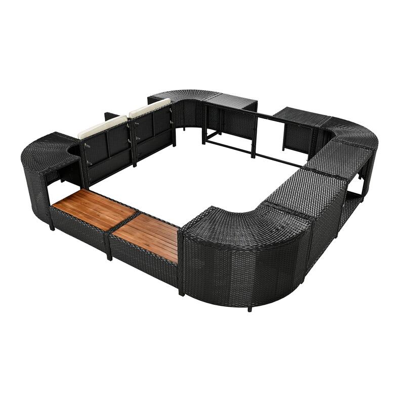 Outdoor Rattan Spa Frame Conversation Sofa Set with Storage & Wooden Bench