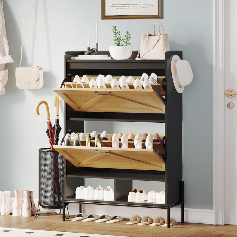 Shoe Cabinet with 2 Flip Drawers and Open Shelves