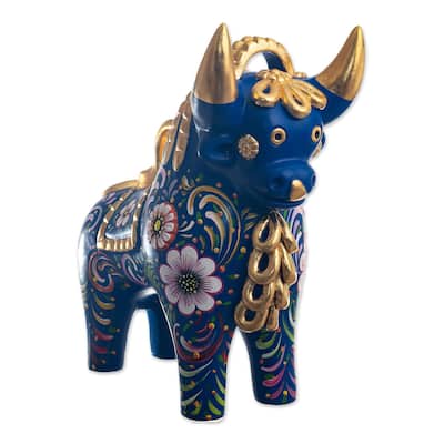 Novica Handmade Big Pucará Bull In Blue Ceramic Sculpture