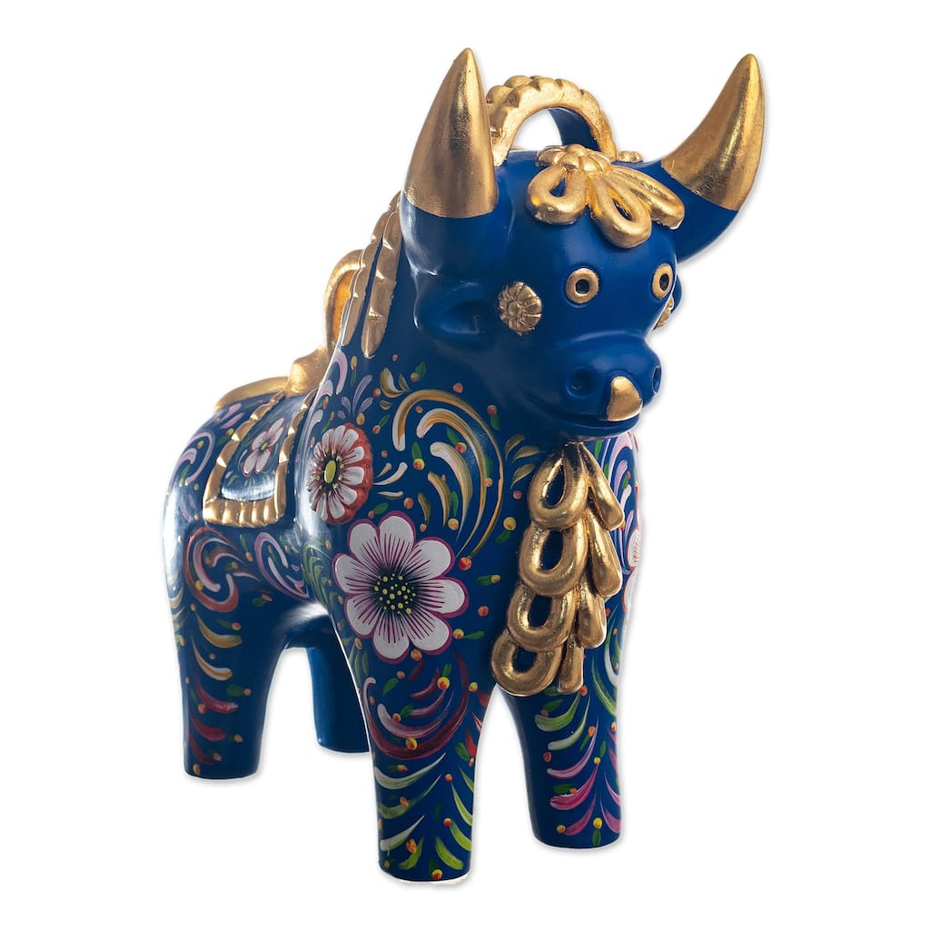 Novica Handmade Big Pucará Bull In Blue Ceramic Sculpture