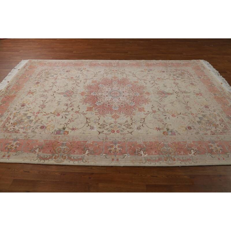Wool & Silk Tabriz Persian Area Rug Hand-Knotted Floral Carpet - 6'6"x 9'8"