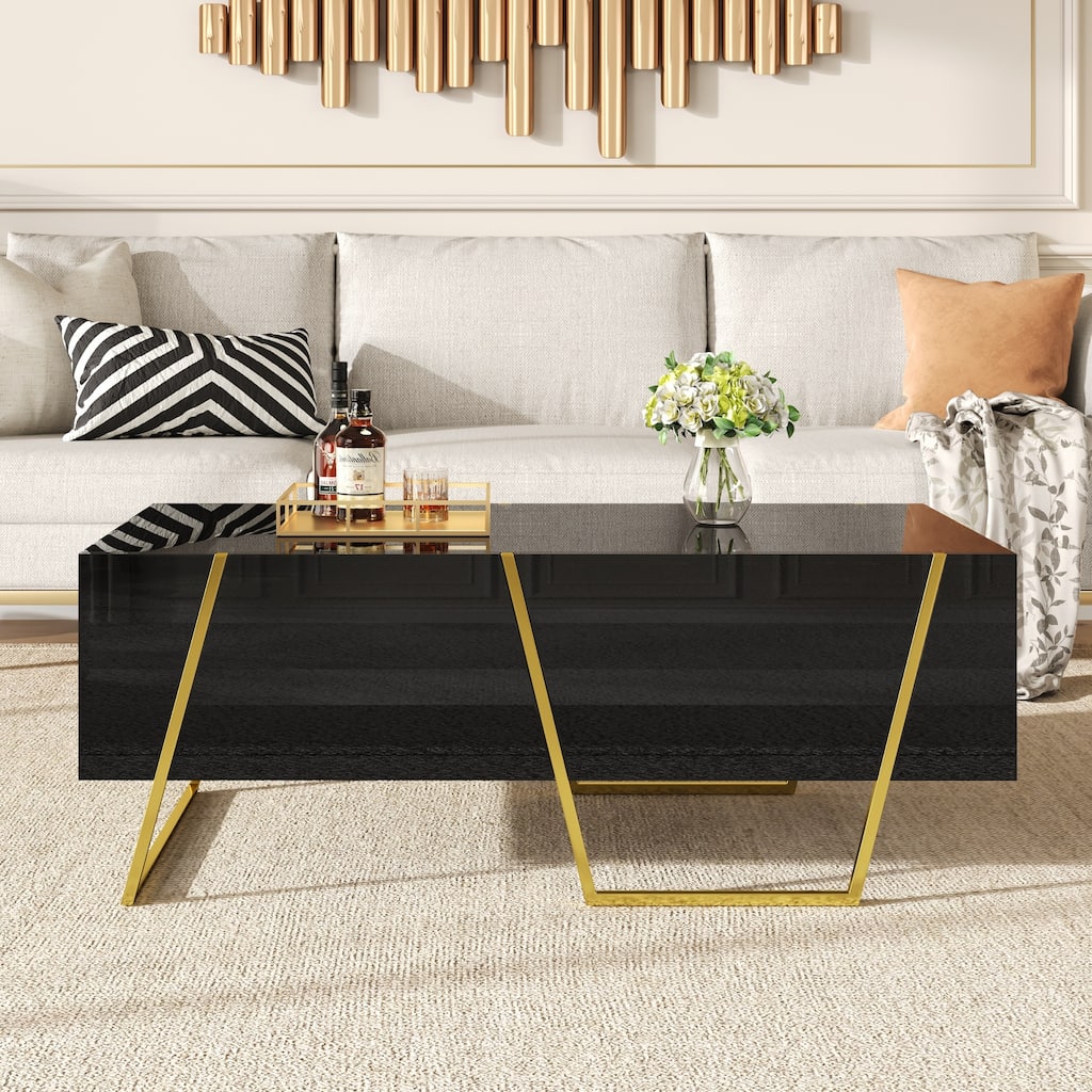 47.2" Modern Rectangular High Gloss Coffee Table for Living Room with Storage and Gold Base, 4 drawers, Black