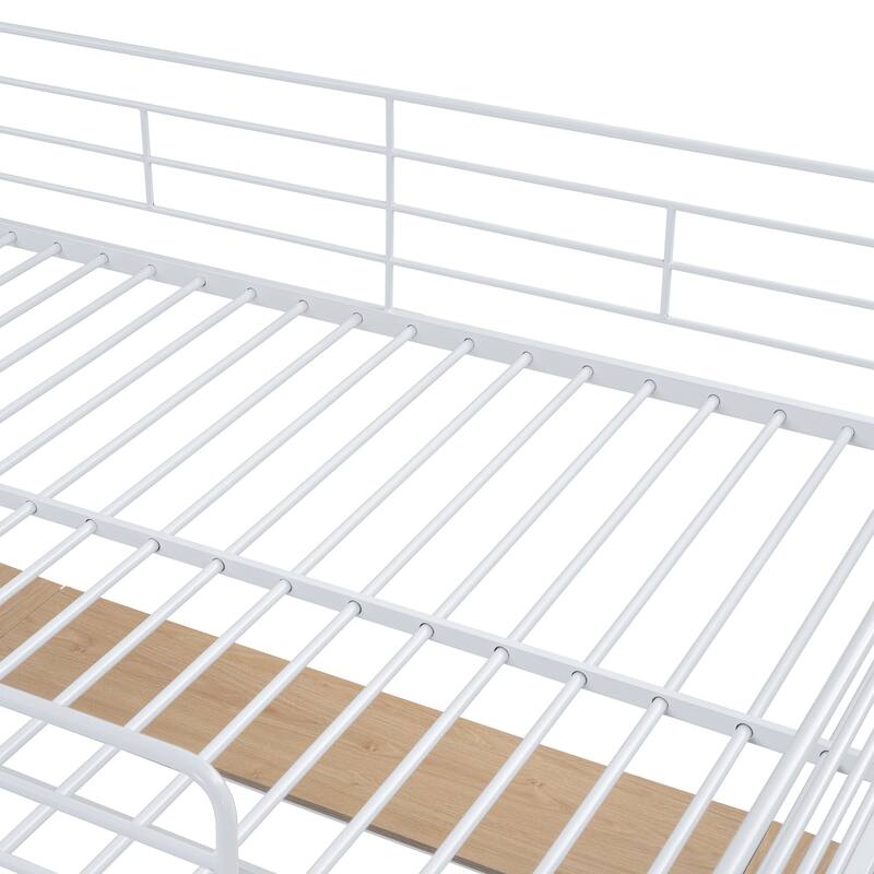 Full Size Metal Loft Bed with 3-Layer Shelving and L-Shaped Desk, No Box Spring Required, Ideal for Study Spaces