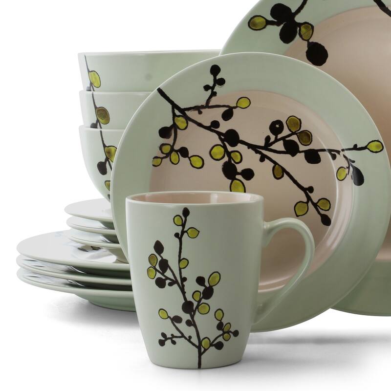 Elama Summer Bloom 16 Piece Round Stoneware Dinnerware Set in Green