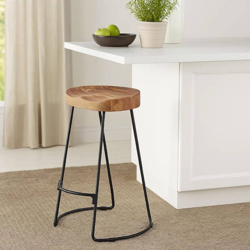 Ela 30 Inch Mango Wood Bar Stool, Saddle Seat, Iron Frame Brown and Black