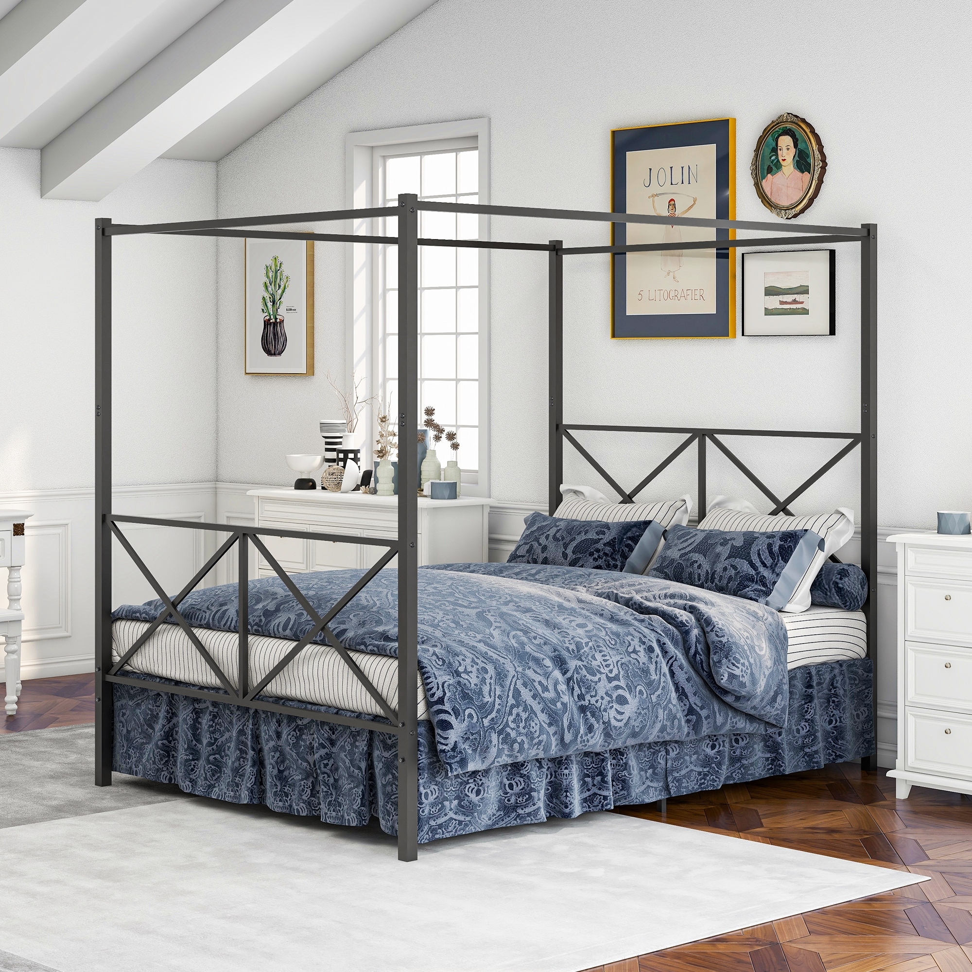 Industrial Queen Metal Canopy Bed Platform Bed Frame with X-Shaped Design
