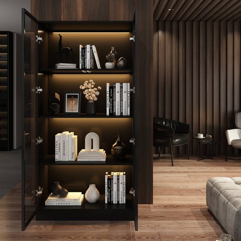 63"Hx31.5"W Lighted Display Cabinet with Glass Doors Bookshelf Buffet - Black
