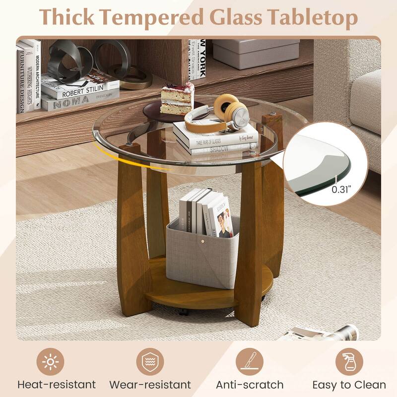 Costway 32” 2-Tier Glass Coffee Table with Tempered Glass Top Bottom - See Details