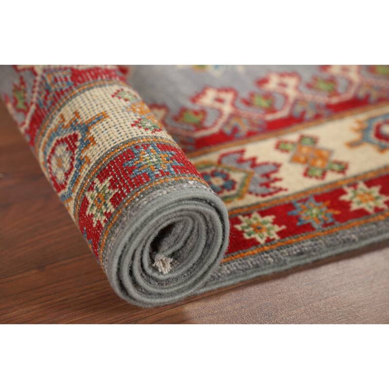 Gray Geometric Kazak Oriental Accent Rug Hand-Knotted Wool Carpet - 3'5" x 4'10"