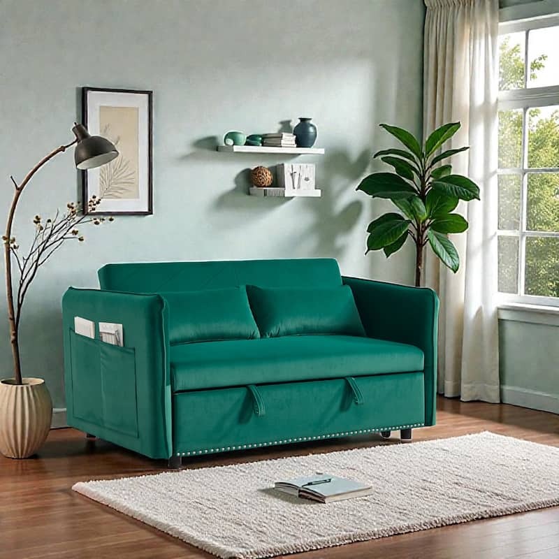 3 in 1 Convertible Sleeper Sofa Bed, Velvet Futon Loveseat with Pull Out Bed, Adjustable Backrest and Side Pockets - Green
