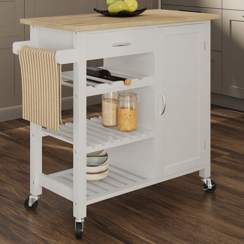 Rolling Kitchen Cart with Towel Rack and Shelves for Storage, White